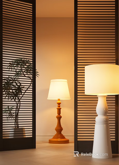 Two Floor Lamps With White Shades Wooden And White Bases Near Wooden Blinds And Plant 3d model 