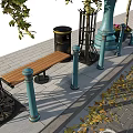 Neatly Arranged Road Facilities With Street Lamps Trees And Trash Bins Along Brick Pavement