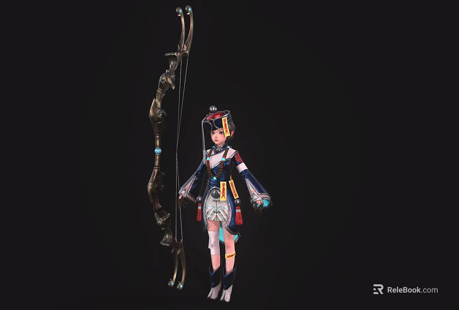 Game Movie Character with Traditional Outfit Bow Weapon Ornate Headdress Blue Accents Standing Pose 3d model 