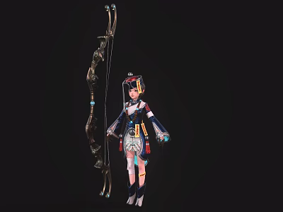 Game Movie Character with Traditional Outfit Bow Weapon Ornate Headdress Blue Accents Standing Pose 3d model