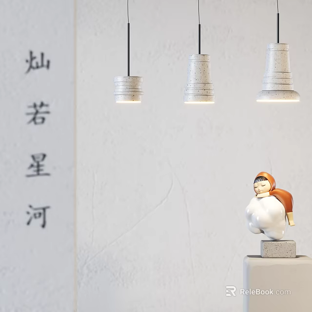 Modern Starry Ceramic Chandeliers Hanging Over White Minimalist Wall Interior 3d model 