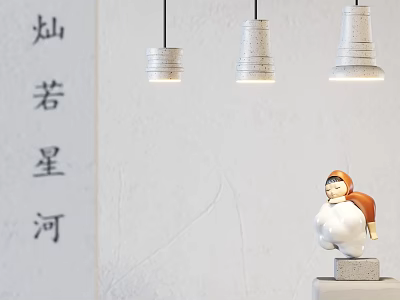 Modern Starry Ceramic Chandeliers Hanging Over White Minimalist Wall Interior 3d model