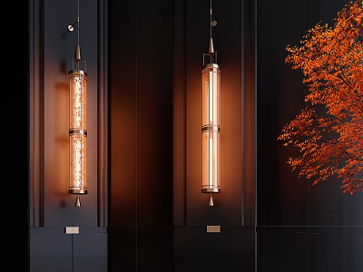 Stylish Wall Lamps Illuminating Black Wall With Warm Orange Light And Orange Leaf Plant 3d model