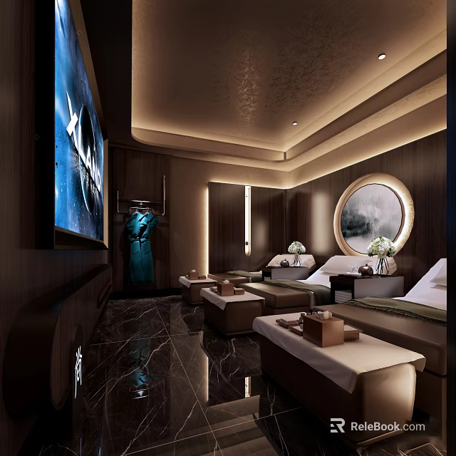 Elegant SPA Sauna Interior With Massage Beds Round Mirror And Wooden Decorative Walls 3d model 