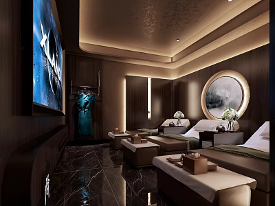 Elegant SPA Sauna Interior With Massage Beds Round Mirror And Wooden Decorative Walls 3d model