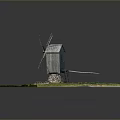 Detailed Windmill Model With Wooden Structure On Green Grass And Stone Foundation