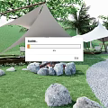 Scenic Camping Site with White Sail Shades Stone Fire Pit Green Grass Chairs and Trees