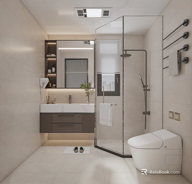 Modern Bathroom Interior Design With Glass Shower Enclosure Vanity Mirror And Smart Toilet 3d model 