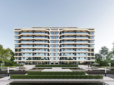 Modern Multistory Apartment Building With Balconies Surrounded By Landscaped Gardens And Trees 3d model