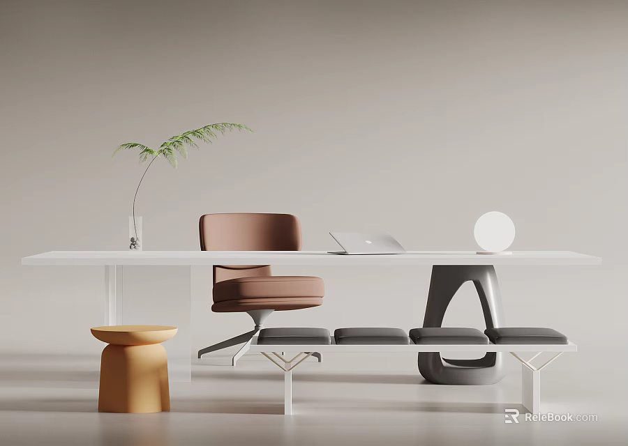 Modern White Desk Setup With Brown Chair Laptop Green Plant And Decor 3d model 