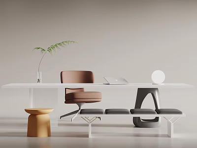 Modern White Desk Setup With Brown Chair Laptop Green Plant And Decor 3d model