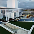 Modern Sales Office Building With Curved Glass Facade And Waterfront Landscape Design