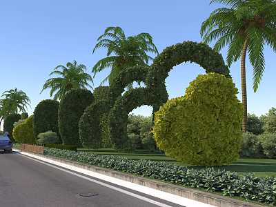Garden Landscape Design Featuring Well Trimmed Arched Hedges Rounded Shrubs and Palm Trees Along Road 3d model