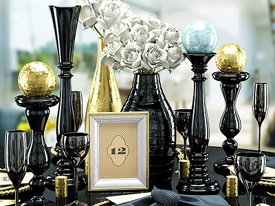 Black And Gold Tableware Set With Wine Glasses Vase Candle Holders Picture Frame Number 12 3d model