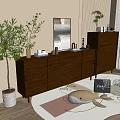 Modern Entryway Console Cabinet And Sideboard With Brown Wooden Drawers Decorative Plant And Area Rug