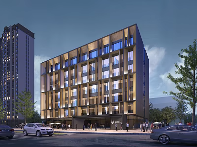 Modern Multi Story Hotel Building With Glass Facade In Urban Setting With Pedestrians And Cars 3d model