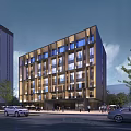 Modern Multi Story Hotel Building With Glass Facade In Urban Setting With Pedestrians And Cars