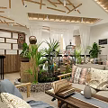 Warm Café Interior Design With Wooden Beams Staircase And Rattan Decor