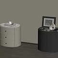 Modern Round Bedside Tables With Light And Dark Three Drawers And Decorative Items 3d model
