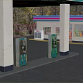 Gas Station Exterior Featuring Concrete Columns Green Fuel Pumps And Striped Building