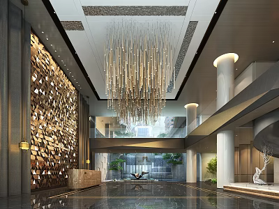 Luxurious Hotel Lobby Interior With Modern Chandeliers Decorative Wall Marble Floor And Double Height Space 3d model
