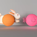 Cute Rabbit Shaped Yellow Lantern and Pink Round Lantern with Reflections on Water at Night