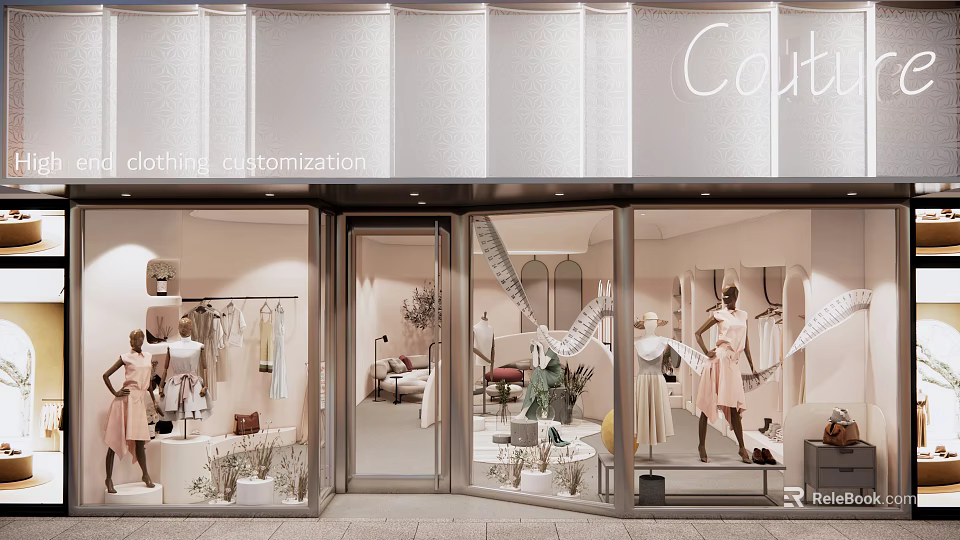 Elegant Clothing Store Offering Clothes Customization With Window Display Mannequins And Fashionable Outfits 3d model 