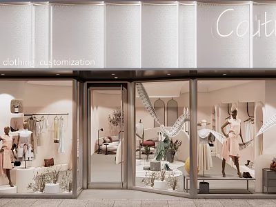 Elegant Clothing Store Offering Clothes Customization With Window Display Mannequins And Fashionable Outfits 3d model
