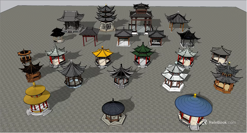 Traditional Chinese Pavilions 3D Models With Various Roof Styles And Colors 3d model 