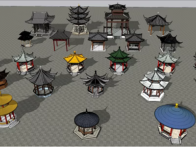 Traditional Chinese Pavilions 3D Models With Various Roof Styles And Colors 3d model