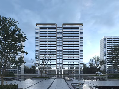 Modern High Rise Building Complex Exterior With Glass Curtain Walls Trees And Plaza Area 3d model