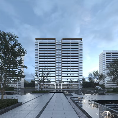 Modern High Rise Building Complex Exterior With Glass Curtain Walls Trees And Plaza Area 3d model