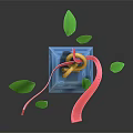 Decorative Blue Pillar With Red Ribbon Golden Ring And Falling Green Leaves