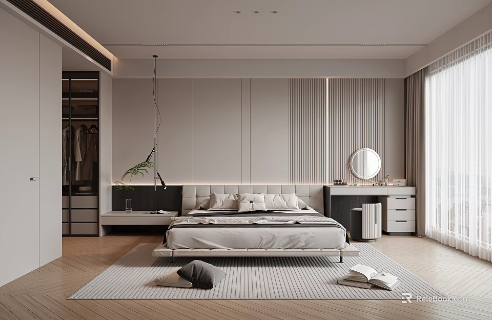 Modern Minimalist Bedroom Interior With King Size Bed Wardrobe And Area Rug Curtains 3d model 