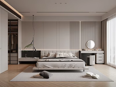 Modern Minimalist Bedroom Interior With King Size Bed Wardrobe And Area Rug Curtains 3d model