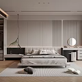 Modern Minimalist Bedroom Interior With King Size Bed Wardrobe And Area Rug Curtains