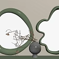 Green Oval And Flower Shaped Mirrors With Black Vase And Twig Decor In Modern Interior