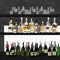 Different Wine Bottles And Glasses Neatly Arranged On Modern Bar Shelf