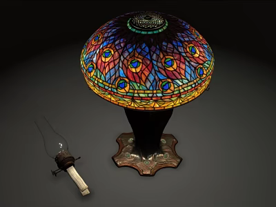Ornate Crystal Lamp With Colorful Stained Glass Shade And Black Metal Base 3d model