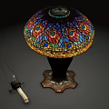 Ornate Crystal Lamp With Colorful Stained Glass Shade And Black Metal Base