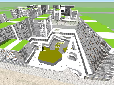 Modern Office Building Complex With Green Roofs And Central Landscaped Plaza 3d model