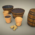 Garden Decorative Items with Wooden Barrels Terracotta Pots Soil and Broken Pieces