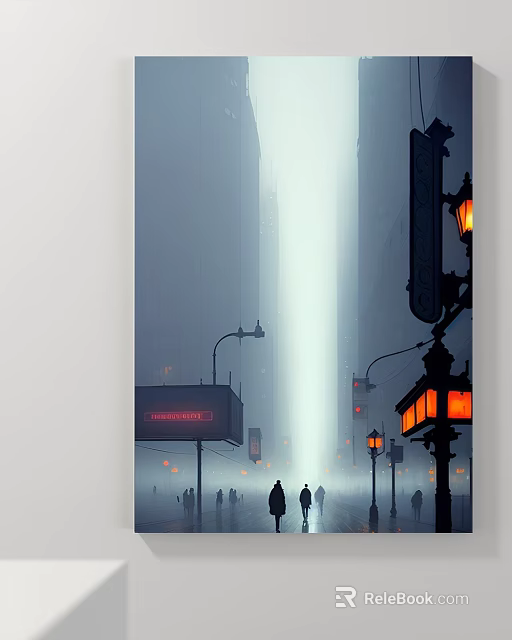 Foggy City Street Landscape Painting With Orange Street Lamps And Distant Light Silhouettes 3d model 