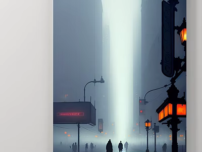 Foggy City Street Landscape Painting With Orange Street Lamps And Distant Light Silhouettes 3d model
