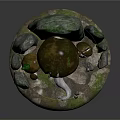 Elderly Figure with Large Mushroom Cap and Small Creatures in Rocky Mossy Setting with Staff