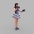 Woman in purple and white striped dress with purple hair accessory holding microphone wearing gloves