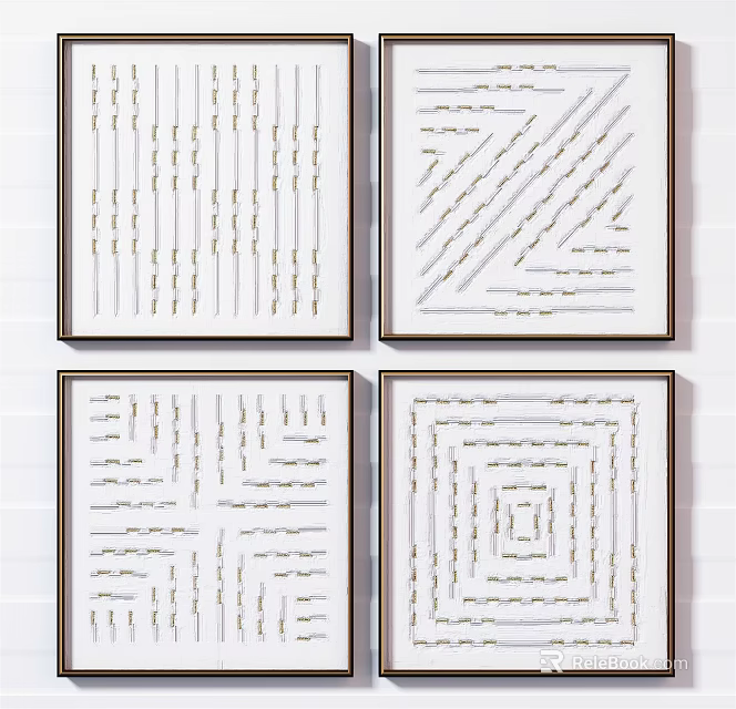 Modern Abstract Wall Art with Geometric Patterns Gold Accents White Background Black Frames 3d model