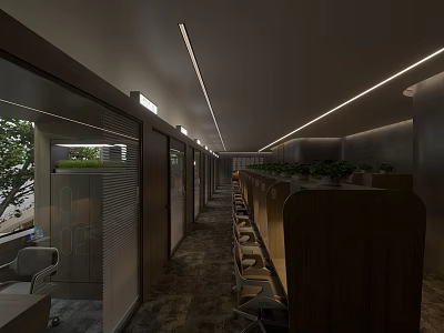 Modern Office Corridor With Long Workstations Green Plants And Linear Ceiling Lighting 3d model