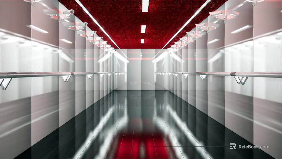 Modern Elevator Lobby Interior With Red Ceiling White Walls And Reflective Black Floor 3d model