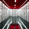 Modern Elevator Lobby Interior With Red Ceiling White Walls And Reflective Black Floor 3d model